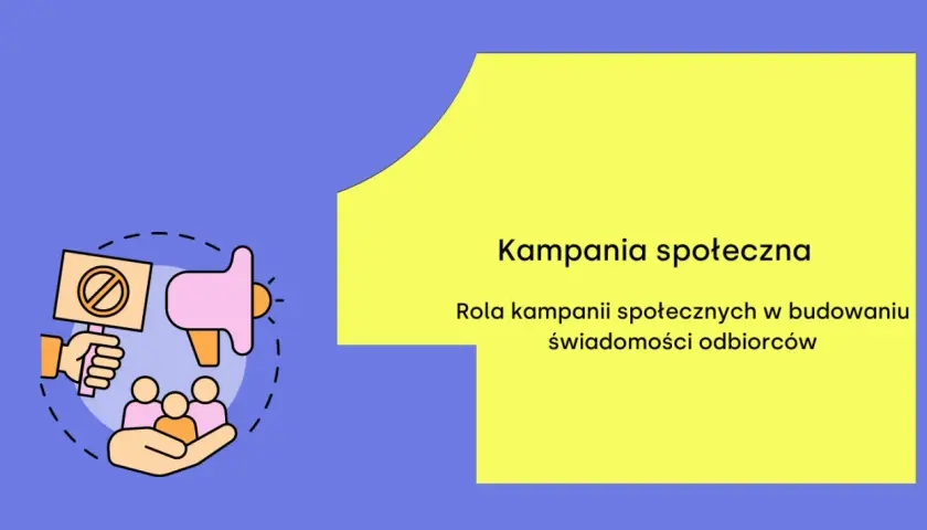 Grafika ilustruje kampanię społeczną: ręka trzyma transparent z zakazem, obok głośnik i symbol grupy ludzi.