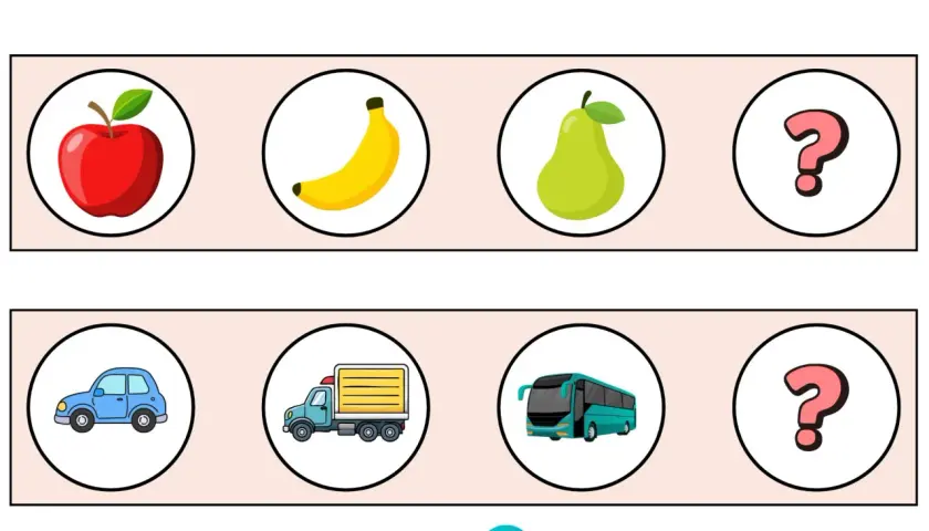 Dos filas de círculos. La superior muestra una manzana, un plátano, una pera y un signo de interrogación. La inferior muestra un coche, un camión, un autobús y un signo de interrogación. Ayuda a completar el dibujo.