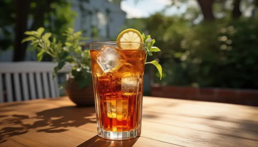 Orzeźwiający drink z sheridanem, lodem i plasterkiem cytryny na drewnianym stole w ogrodzie.