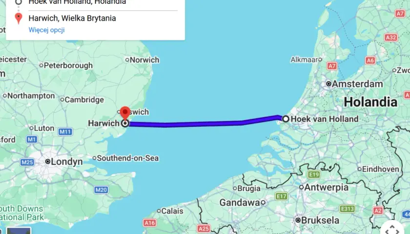 Trasa promowa z Hoek van Holland (Holandia) do Harwich (Wielka Brytania) zaznaczona na mapie.