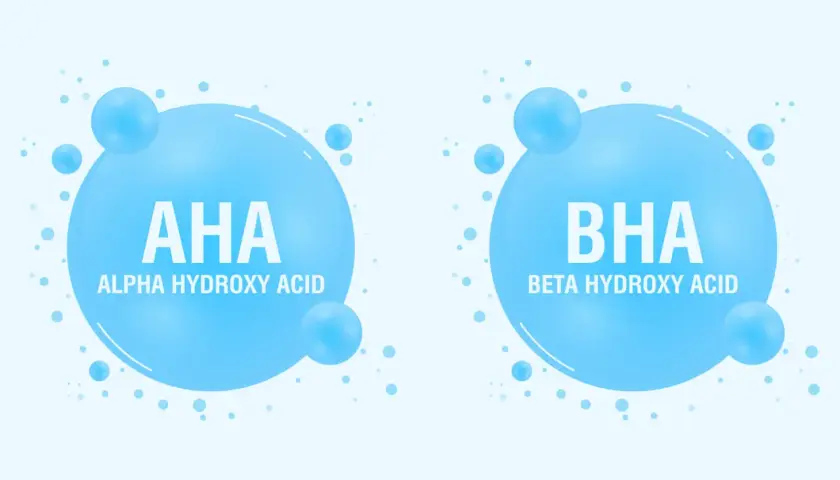 Dwa bąbelki z napisem AHA (Alpha Hydroxy Acid) i BHA (Beta Hydroxy Acid).
