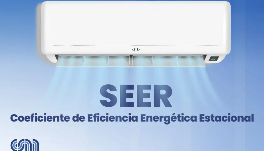 Un aire acondicionado emite aire fresco. El texto explica el SEER, siglas de Coeficiente de Eficiencia Energética Estacional.