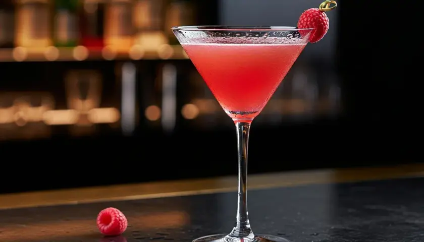 En elegant fransk martini med hallon som garnityr, serverad i ett martiniglas på en mörk bänk.