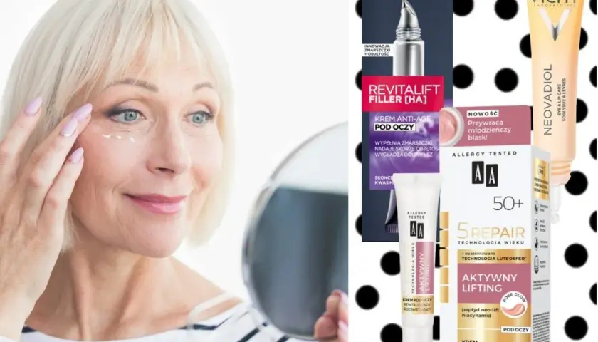 Kobieta aplikuje krem pod oczy, szukając rozwiązania na wory. Obok kosmetyki L'Oréal, Vichy i AA.