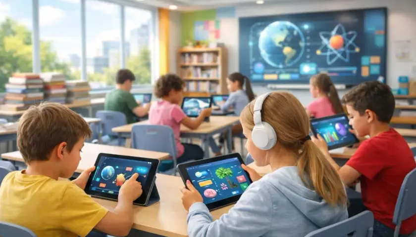 Kinder lernen mit Tablets im Unterricht. Auf den Bildschirmen sind bunte Grafiken und Bilder zu sehen, die das Wissen vermitteln.