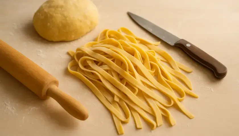 Masa de harina lista para hacer pasta fresca, junto a un rodillo y un cuchillo.