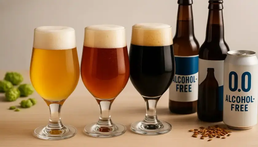 Trois verres de bière aux couleurs variées, des bouteilles et une canette "0.0 ALCOHOL-FREE". Une bière pas forte pour tous les goûts.