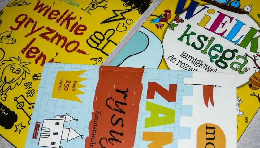 Książki z zadaniami dla 10 latka: "Wielka księga łamigłówek", "Wielkie gryzmolenie" i "Rysuj zamki".