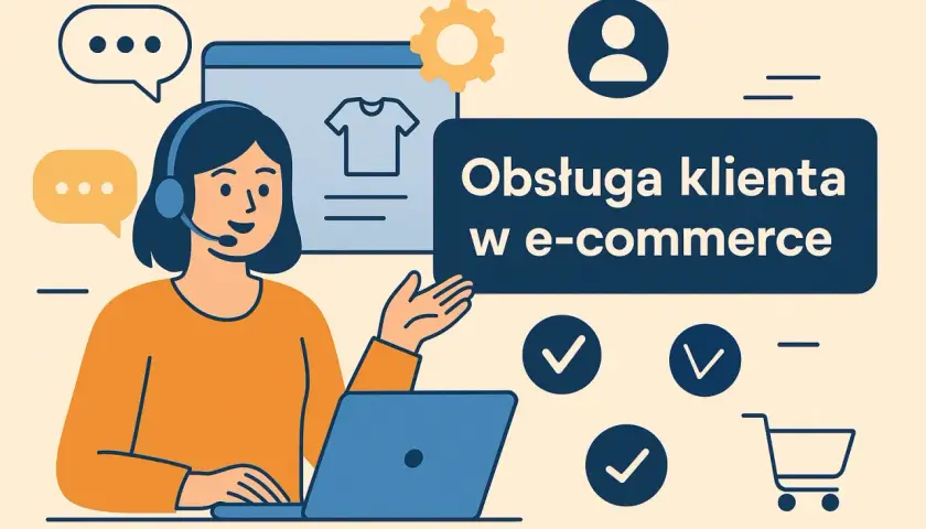 Obsługa klienta w e-commerce: konsultantka z zestawem słuchawkowym przy laptopie, ikony czatu, koszyka i zaznaczeń.