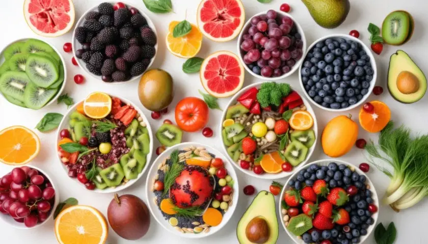 Kolorowe misy z owocami: kiwi, jagody, truskawki, winogrona, maliny, pomarańcze, awokado, mango. Tak ładnie podać owoce to sztuka!