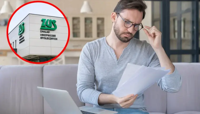 Mężczyzna analizuje dokumenty przy laptopie, w tle widoczny budynek ZUS. Może to dotyczyć stażu pracy ZUS.
