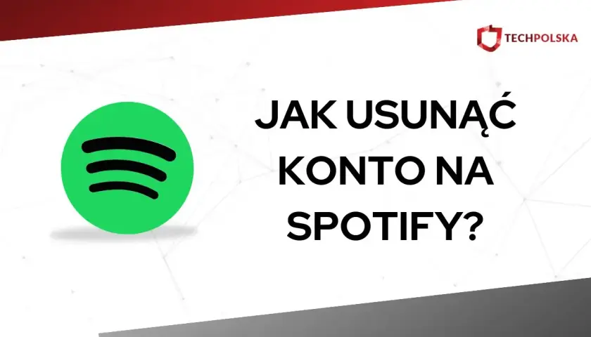 Jak usunąć konto Spotify? Ikona Spotify i tekst informacyjny na białym tle.