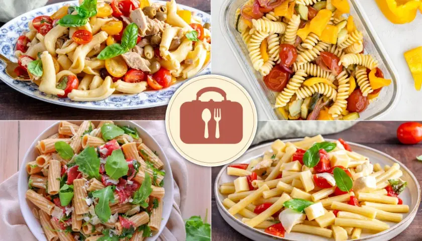 Quattro idee di pasta fredda da portare a lavoro: con tonno, verdure, rucola e pomodorini, o con mozzarella e basilico.