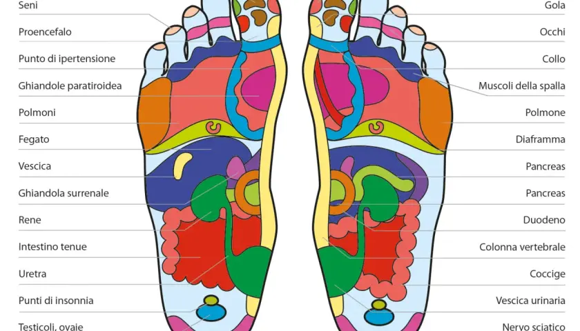 Mappa dei piedi per la riflessologia plantare. Punti utili per il reflusso gastroesofageo e altri disturbi.