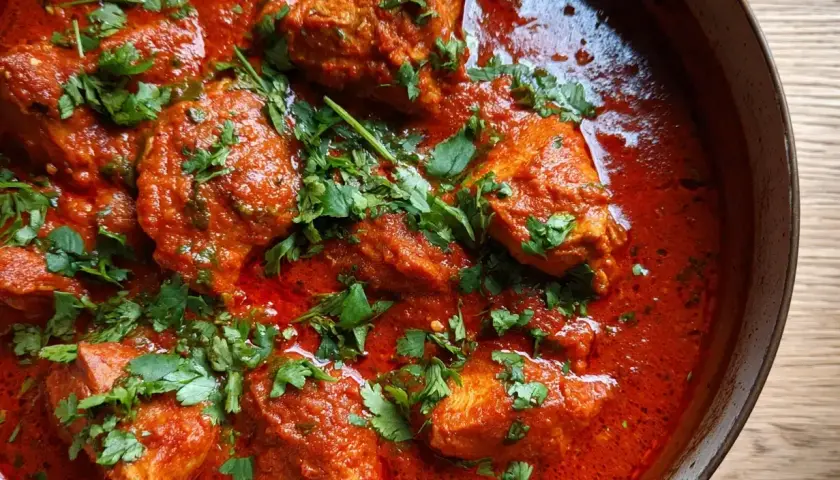 En närbild av en läcker indisk gryta med kyckling i en krämig tomatsås, toppad med färsk koriander.