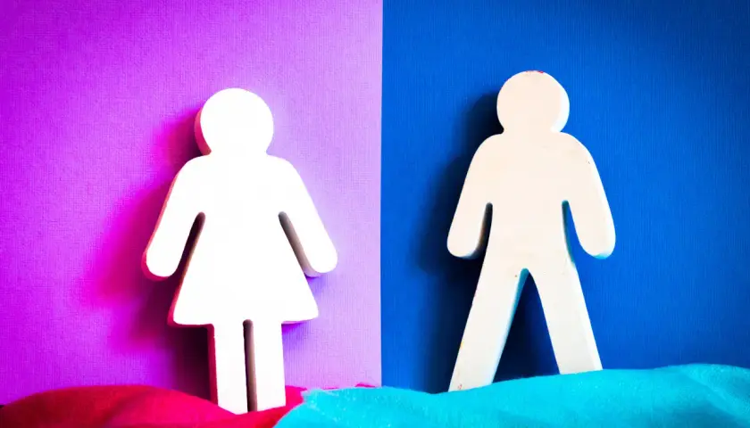 Two figures, one representing women, stand on a purple background, symbolizing the progress of federally employed women.
