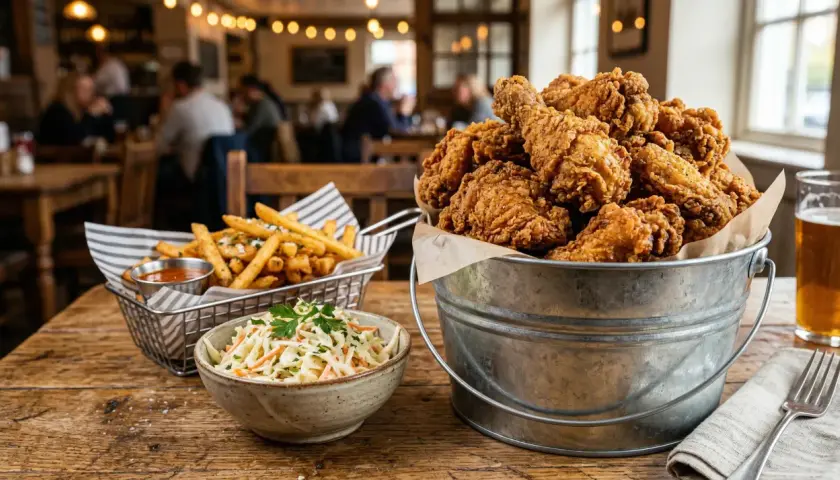 Kubełek chrupiącego kurczaka, frytki i surówka coleslaw – idealne na rodzinne spotkanie. Sprawdź aktualne kfc promocje!