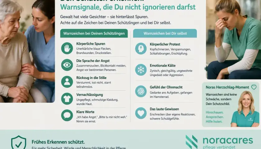 Warnsignale bei Gewalt in der Pflege: Körperliche Spuren, Angst, Rückzug, Vernachlässigung. Auch bei Pflegenden möglich: Kopfschmerzen, emotionale Kälte, Ohnmacht. Empathieverlust im Alter erkennen.
