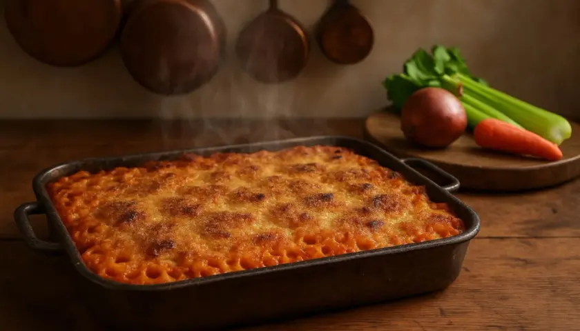 Un tegame di anelletti alla palermitana fumanti, con crosticina dorata, su un tavolo di legno. Sullo sfondo, utensili da cucina in rame e verdure fresche.