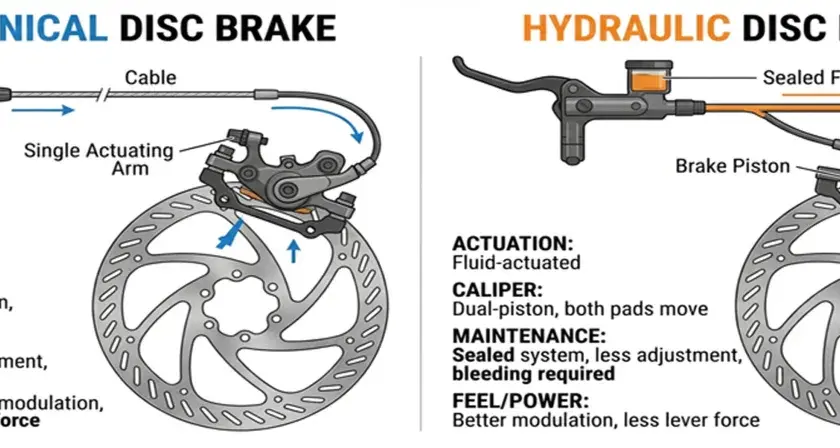 Diagrams compare mechanical and hydraulic disc brakes. Hydraulic fluid is not compressible, enabling better modulation and less lever force.