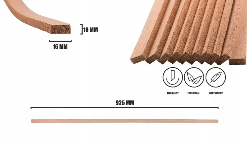 Elastyczne, ekologiczne paski korkowe do łączenia płytek z panelami. Wymiary 10x16 mm, długość 925 mm.