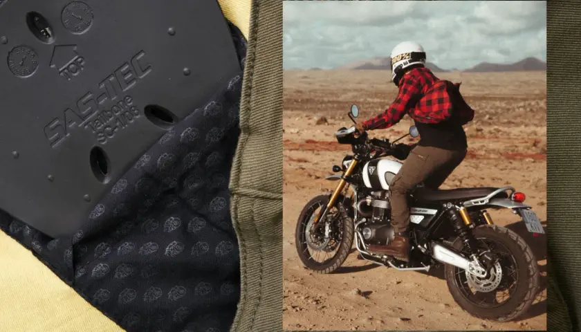 Ochronne wstawki SAS-TEC w spodniach motocyklowych, gotowe na przygodę jak broger z Alaski.