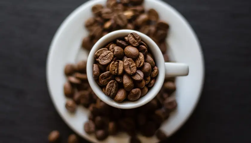 Chicchi di caffè tostati in una tazzina bianca, pronti per la tua **caffeina pre workout**. Un'esplosione di energia naturale.