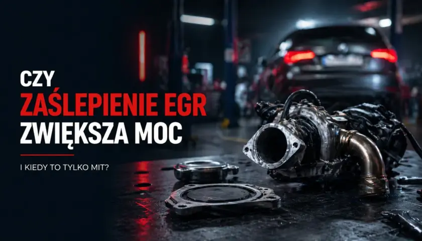 Czy zaślepienie EGR zwiększa moc? Turbosprężarka i elementy silnika na stole warsztatowym, w tle auto.