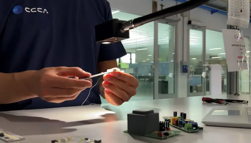 Técnico ensambla componentes electrónicos bajo una luz focalizada, asegurando cada lumen unidad.