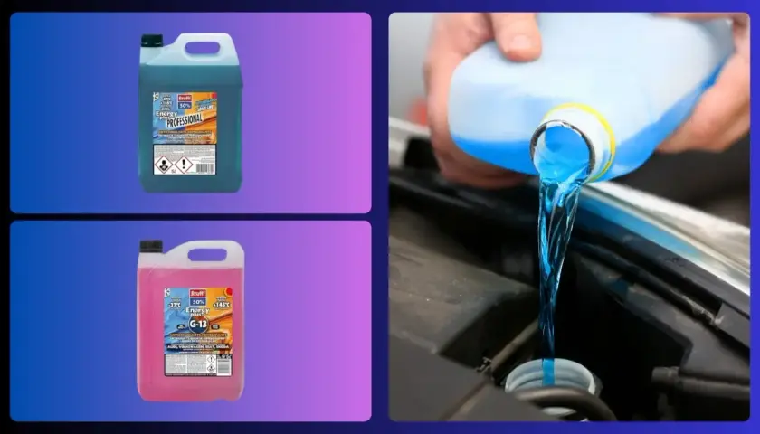 Se puede mezclar anticongelante con agua. Líquido azul se vierte en el motor de un coche. Hay dos bidones de anticongelante de diferentes colores.