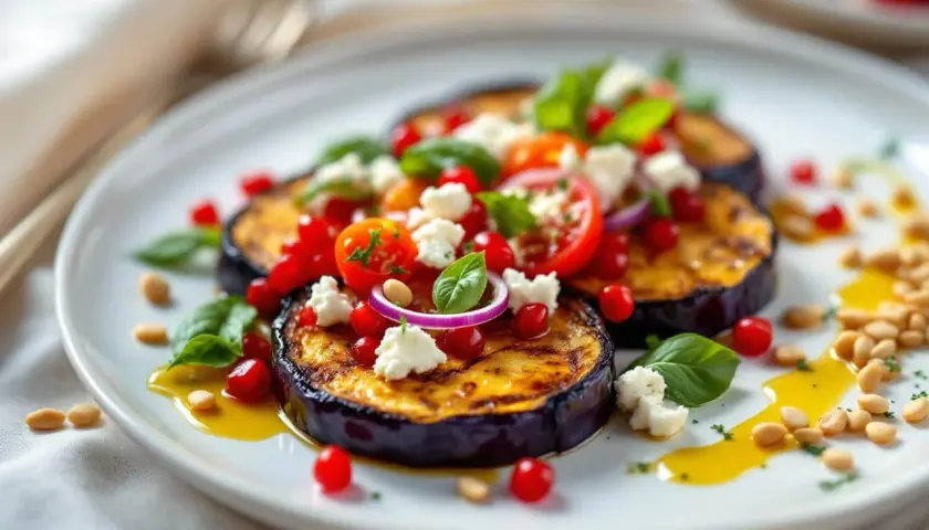 Délicieuse idée : que faire avec 1 aubergine ? Des rondelles grillées garnies de tomates, feta, grenade et basilic. Un plat coloré et savoureux.