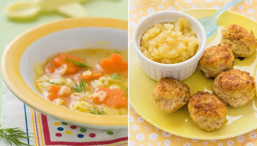 Delicioso desayuno para bebé de 1 año: sopa de letras y zanahoria, y albóndigas con puré de manzana.