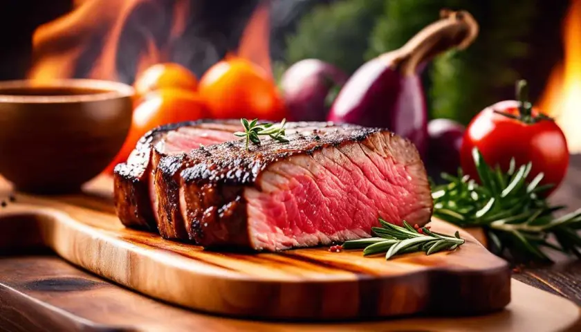 Un steak juteux, coupé en deux, sur une planche en bois, avec des flammes de barbecue rapide en arrière-plan. Tomates et oignons pour accompagner.