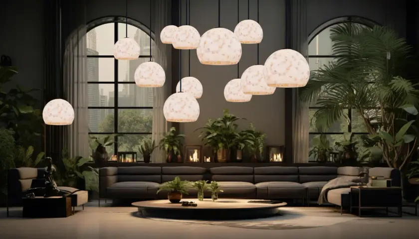 A luxurious biophilic interior with lush plants, a large sectional sofa, and a cluster of unique pendant lights.
