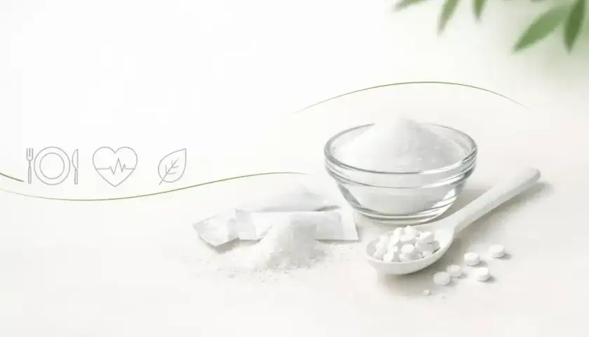 Maltitole co to jest? Biały proszek i tabletki na łyżce, symbolizujące zdrowe odżywianie i naturalne składniki.