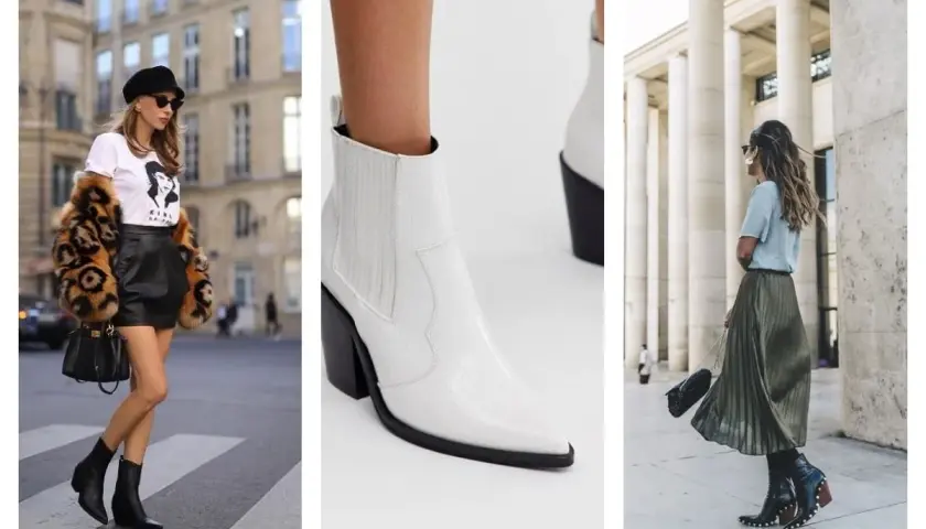 Trois femmes portent des santiags basses. Une en noir avec une jupe en cuir, une autre en blanc avec un talon bloc, et la dernière en noir avec une jupe plissée.