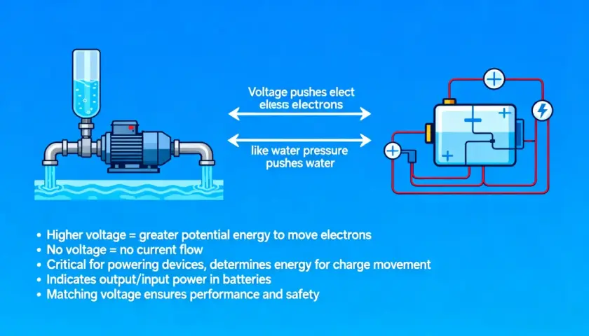 Bomba de agua y batería ilustran cómo los vatios y amperios (voltaje y corriente) mueven electrones, similar a cómo la presión del agua mueve el agua.