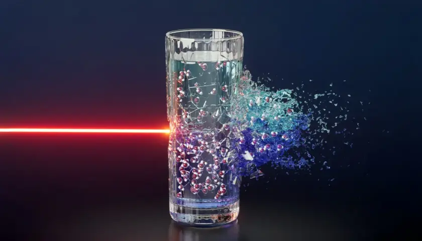 Ein Wasserglas, das von einem roten Laserstrahl getroffen wird und sich in Wassermoleküle auflöst. Die Chemie des Wassers wird sichtbar.