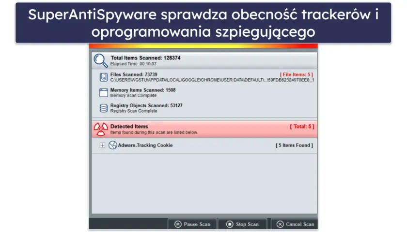 Wyniki skanowania programem SuperAntiSpyware: wykryto 5 elementów, w tym Adware.Tracking Cookie.