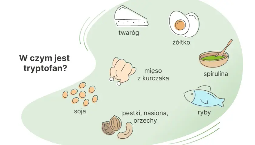 Produkty bogate w tryptofan: twaróg, żółtko, mięso z kurczaka, spirulina, soja, pestki, nasiona, orzechy i ryby.