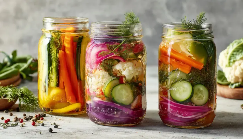 Drei Gläser mit eingelegtem Gemüse: Karotten, Gurken, Blumenkohl und rote Zwiebeln, bereit für die Fermentation.