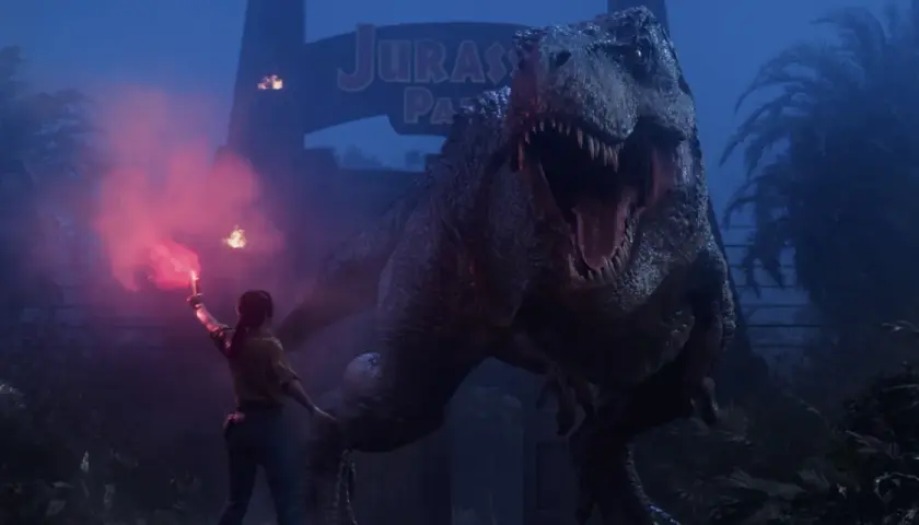 Kobieta z flarą próbuje przechytrzyć T-Rexa przed bramą Jurassic Park. To prawdziwy jurassic park survival!