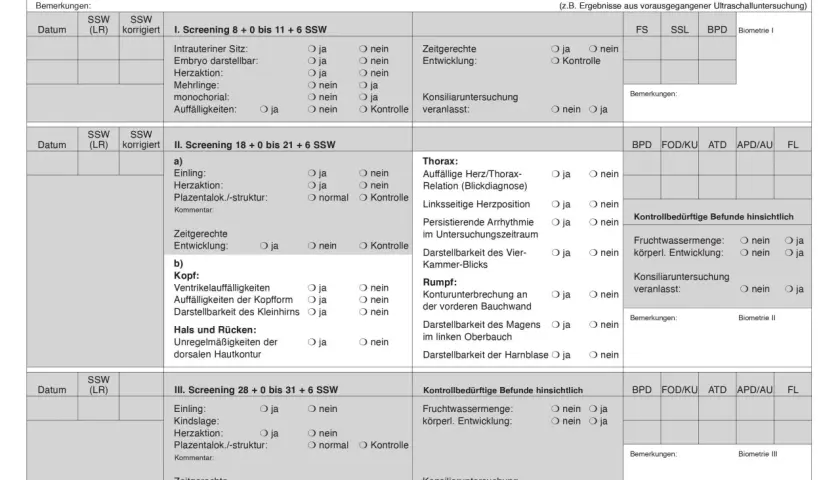 Ultraschalluntersuchung: Dokumentiert die Bedeutung von Ultraschall-Screenings in der Schwangerschaft, mit Details zu verschiedenen Stadien.