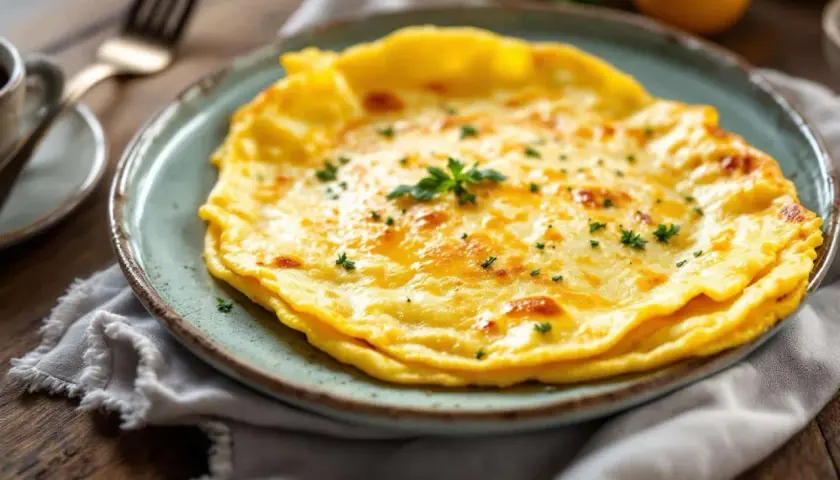 Une belle omelette dorée, garnie de persil frais, servie sur une assiette bleue.