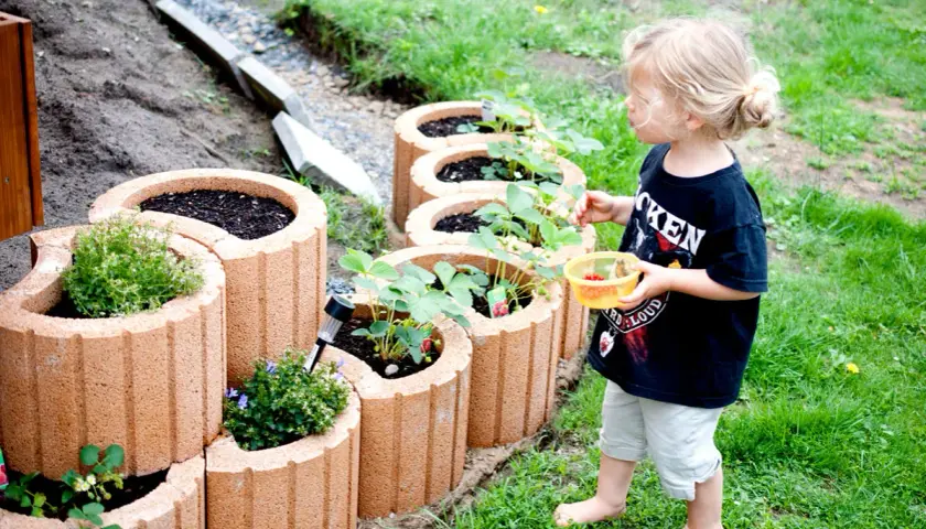 Kleine Gärtnerin erntet Erdbeeren aus einem Hochbeet aus Pflanzsteinen. Tolle Pflanzsteine setzen Ideen für den Garten.