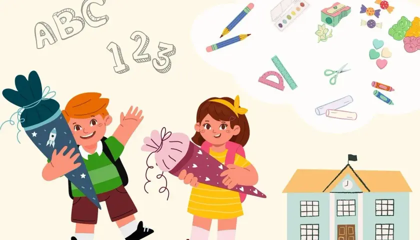 Dzieci z plecakami i rożkami obfitości, symbolizującymi początek nauki. W tle ABC, 123 i szkoła. Wszystko w radosnych proporcjach.