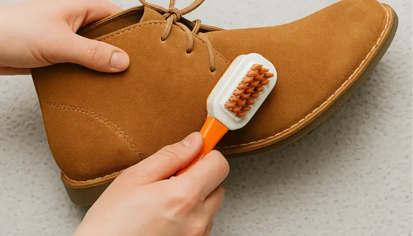 Manos cepillando un zapato de ante marrón. Aprende cómo limpiar antelina para mantener tus zapatos como nuevos.