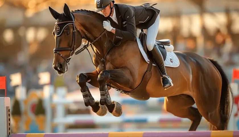 Un cavalier et son cheval bondissent par-dessus un obstacle. Est-ce que l'équitation est un sport ? Absolument, cela demande force, agilité et confiance.