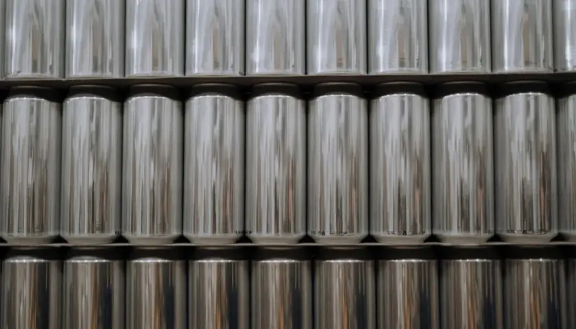 Fila di lattine d'alluminio argentate impilate. Sorprendentemente, l'alluminio è magnetico, anche se non in modo evidente come il ferro.