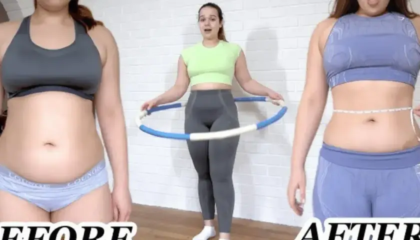 Przed i po: efekty hula hop po 2 tygodniach. Kobieta mierzy talię po ćwiczeniach z hula hop.